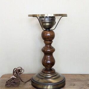 Vintage MCM Plymouth Harlee Table Lamp Hurricane 13" Oak Wood & Brass (NO SHADE)